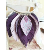 Leather feather necklace, lilac purple evening jewelry. 