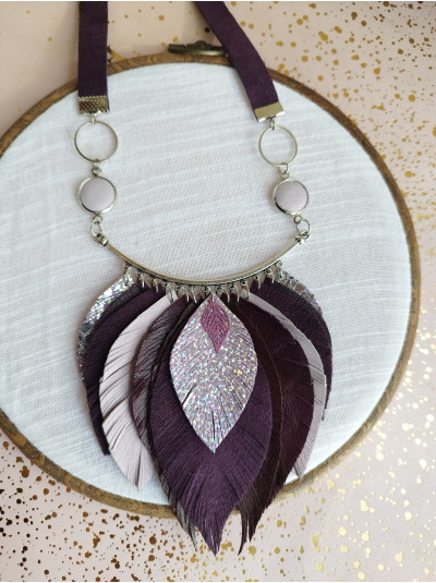 Leather feather necklace, lilac purple evening jewelry. 