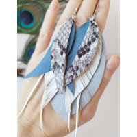 Gray blue long leather feather earrings.