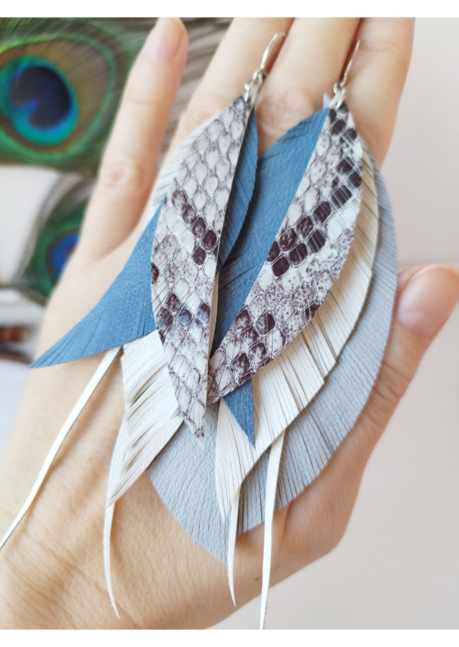 white gray blue long genuine leather feather earrings large bohemian jewelry 