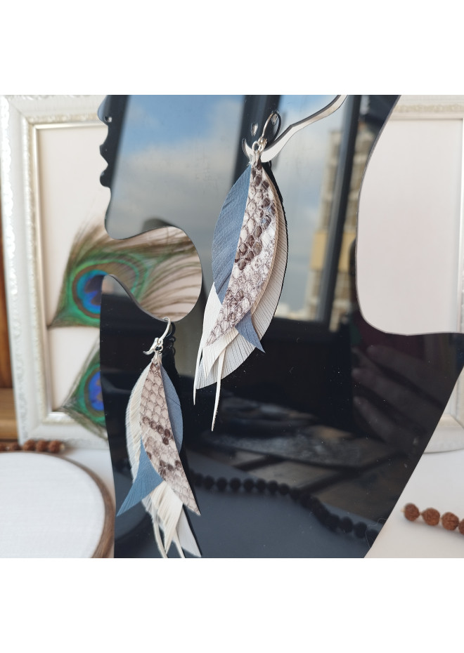 white gray blue long genuine leather feather earrings large bohemian jewelry 