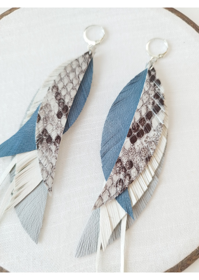 white gray blue long genuine leather feather earrings large bohemian jewelry 