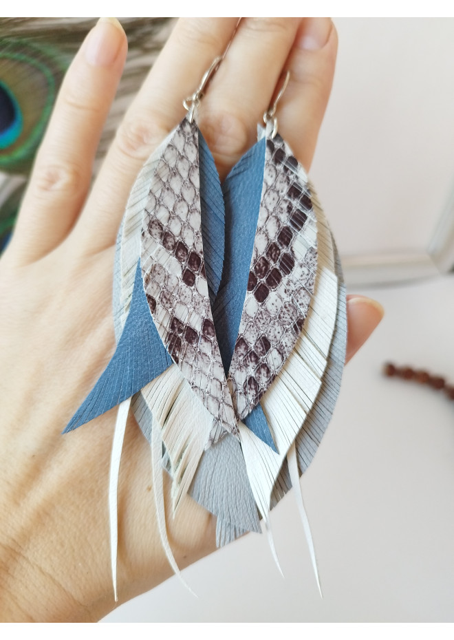 white gray blue long genuine leather feather earrings large bohemian jewelry 