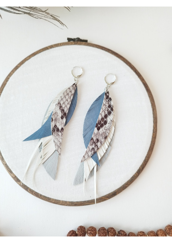 white gray blue long genuine leather feather earrings large bohemian jewelry 