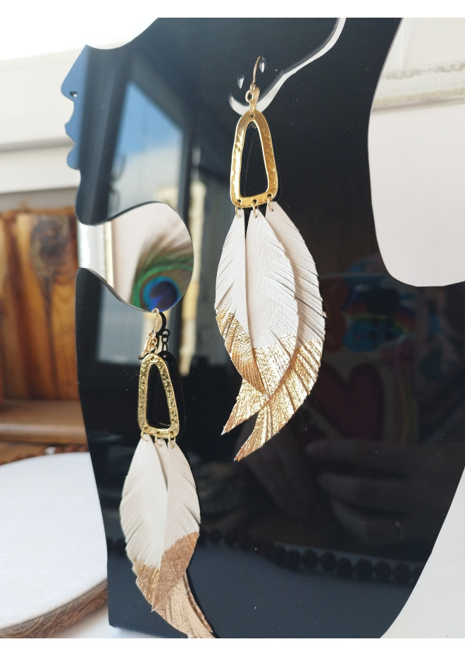 white long leaf bohemian earrings gold connector extra long leather earrings