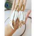 white long leaf bohemian earrings gold connector extra long leather earrings