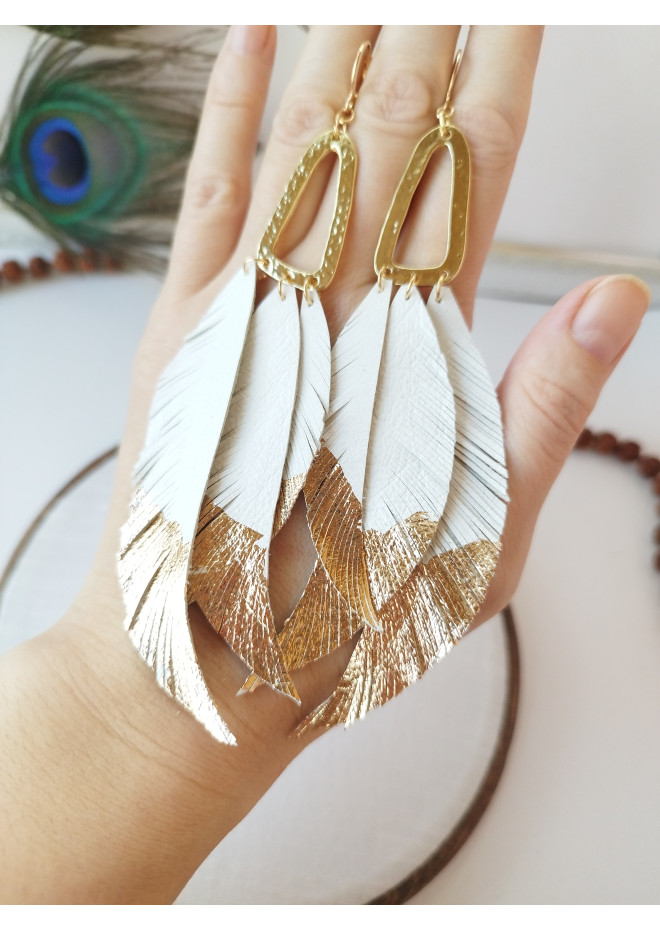 white long leaf bohemian earrings gold connector extra long leather earrings