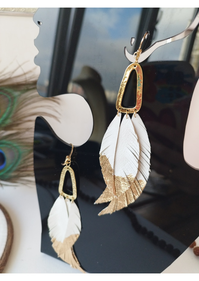white long leaf bohemian earrings gold connector extra long leather earrings
