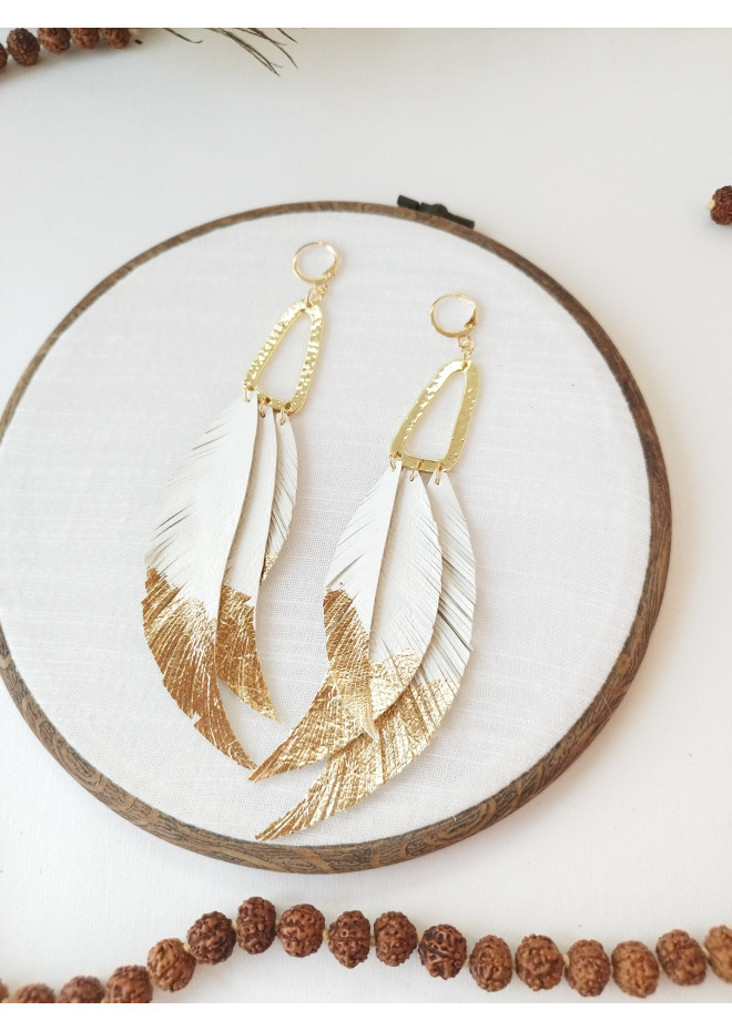 white long leaf bohemian earrings gold connector extra long leather earrings