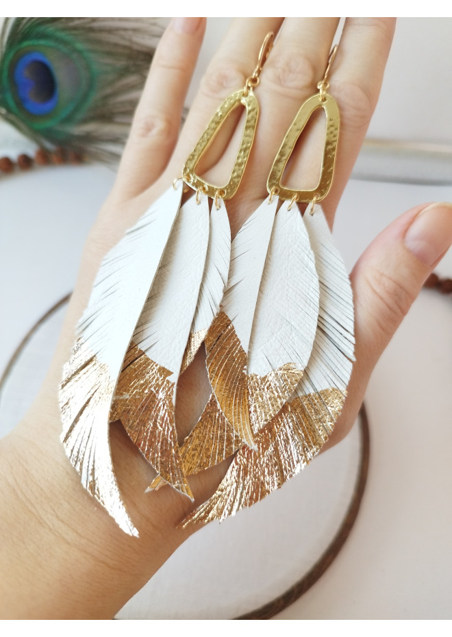 white long leaf bohemian earrings gold connector extra long leather earrings