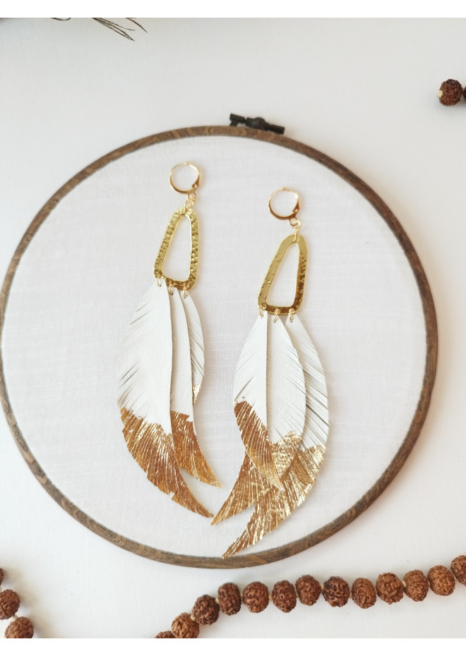 white long leaf bohemian earrings gold connector extra long leather earrings