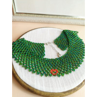 Green collar beaded necklace, traditional Ukrainian beaded sylyanka.