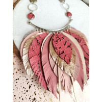 Rose pink leather feather necklace, bib evening jewelry 