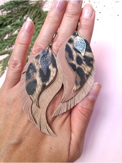 Leopard leather wings earrings. 