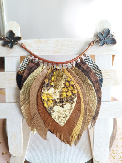 Sand brown leather feather necklace, bib evening jewelry 