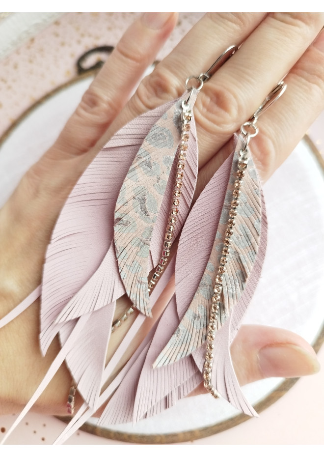 gentle pink leather feather earrings genuine leather jewelry