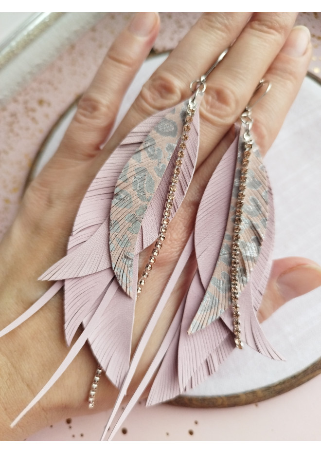 gentle pink leather feather earrings genuine leather jewelry