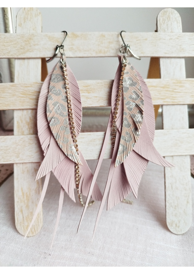 gentle pink leather feather earrings genuine leather jewelry