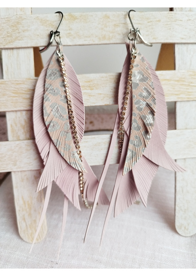 gentle pink leather feather earrings genuine leather jewelry