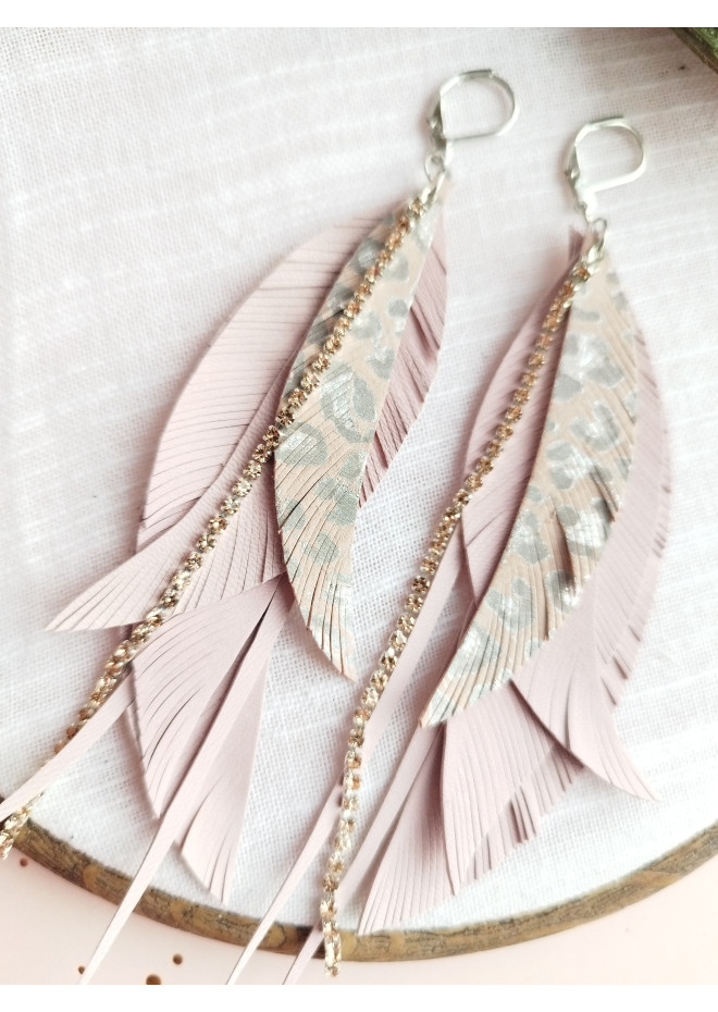 gentle pink leather feather earrings genuine leather jewelry