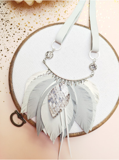 Light gray leather feather necklace, bib evening jewelry 