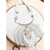 Light gray leather feather necklace, bib evening jewelry 