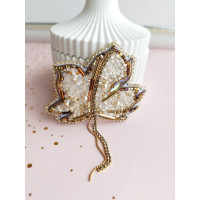 Beaded embroidery leaf brooch gold beige  grape leaf pin