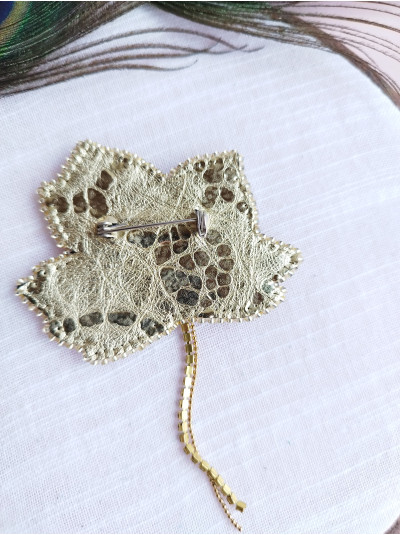 Beaded embroidery leaf brooch gold beige  grape leaf pin