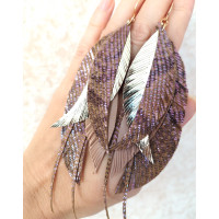 Sand lilac long feathers earrings genuine leather jewelry 