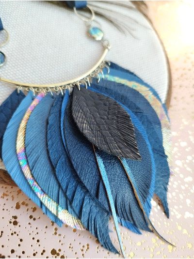 Deep blue leather feather necklace, bib evening jewelry 