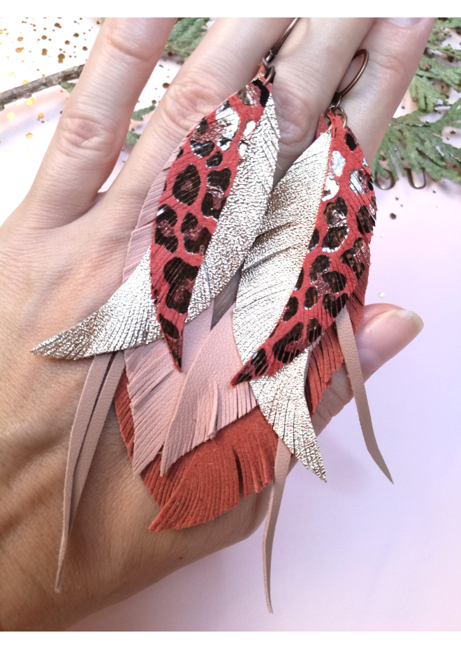 long leather feather earrings genuine leather jewelry leopard red 