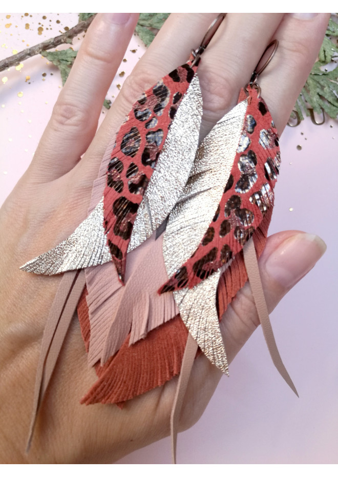 long leather feather earrings genuine leather jewelry leopard red 