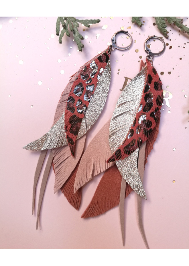 long leather feather earrings genuine leather jewelry leopard red 