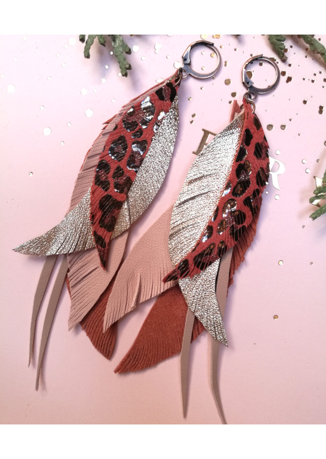 long leather feather earrings genuine leather jewelry leopard red 
