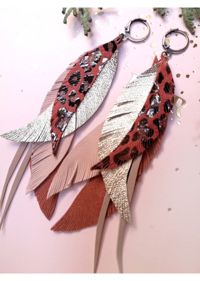long leather feather earrings genuine leather jewelry leopard red 