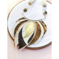 Brown white leather feather necklace, bib evening jewelry 