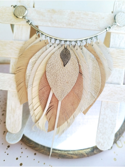 Soft beige leather feather necklace, bib evening jewelry 