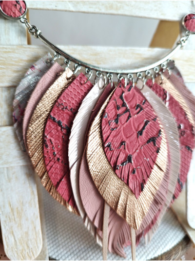 Rose pink leather feather necklace, bib evening jewelry 