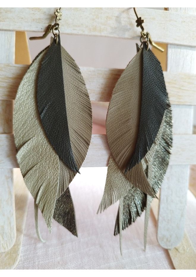  green olive  long feathers earrings genuine leather jewelry  