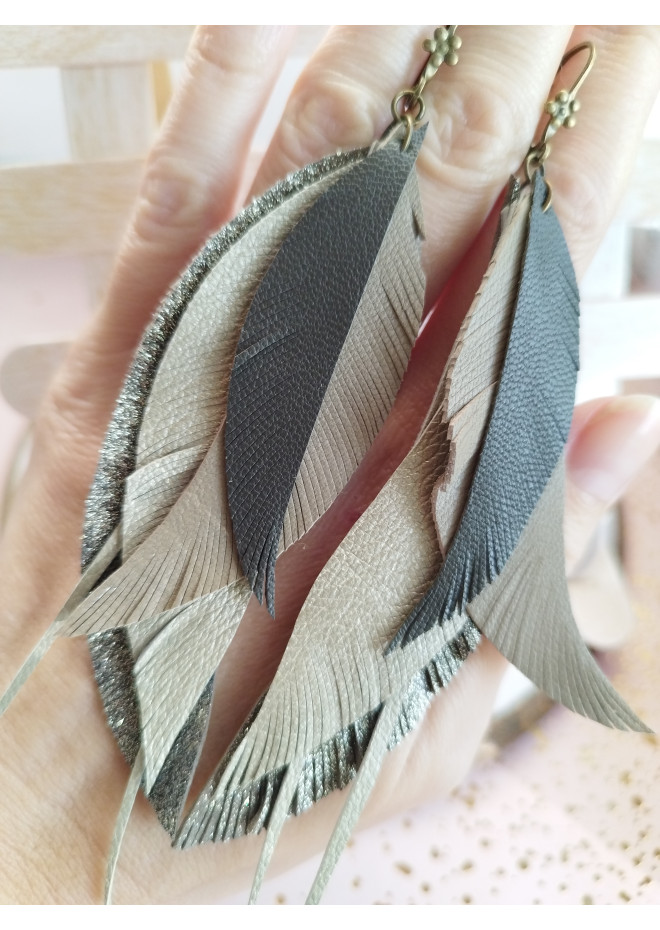  green olive  long feathers earrings genuine leather jewelry  