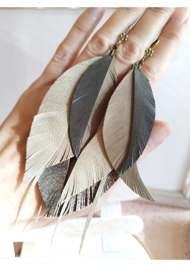 green olive  long feathers earrings genuine leather jewelry  