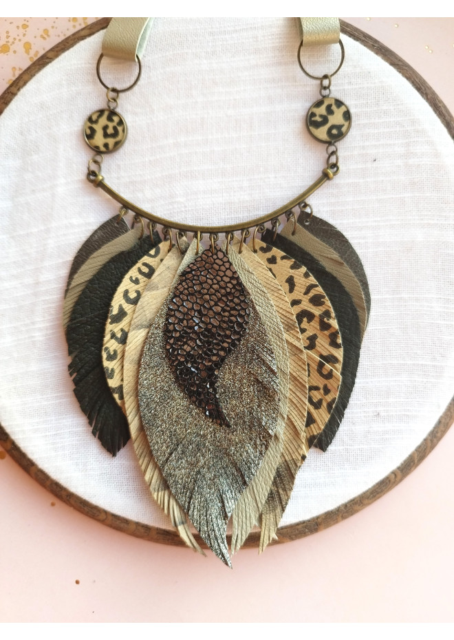 green olive leather feather bib necklace