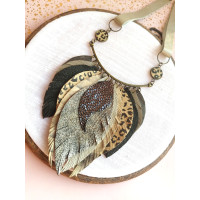 Olive leather feather necklace, bib evening jewelry.