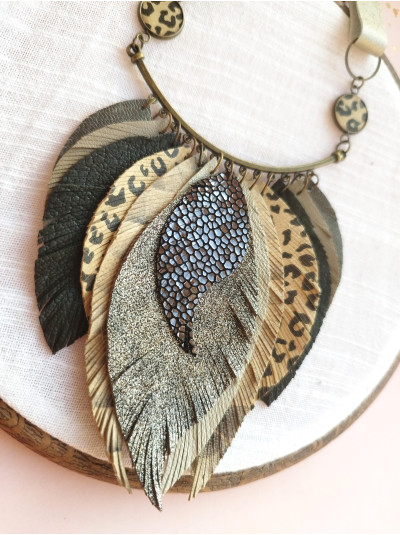 Olive leather feather necklace, bib evening jewelry.