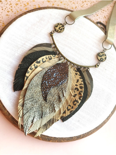 Olive leather feather necklace, bib evening jewelry.