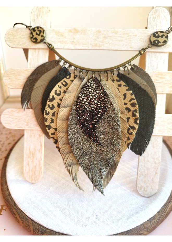 green olive leather feather bib necklace