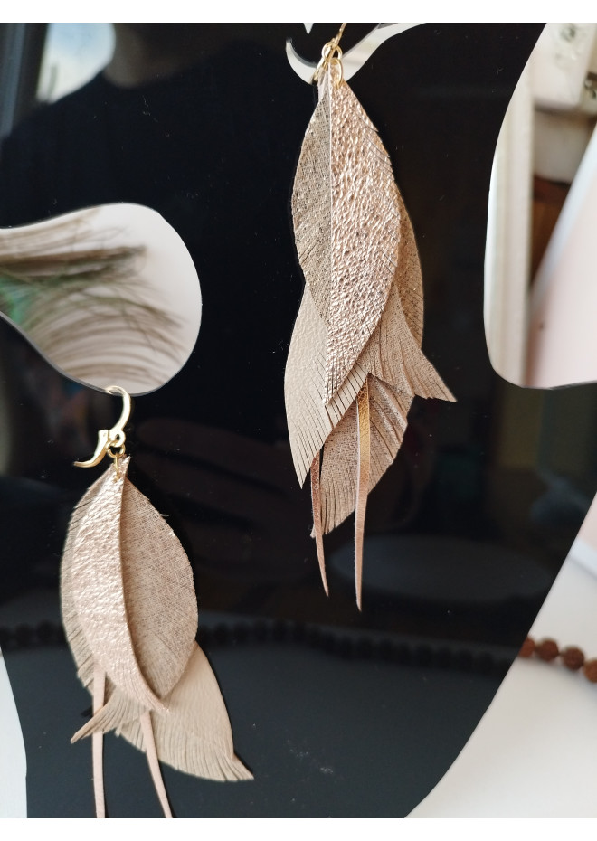 beige antique gold long feathers earrings genuine leather jewelry  