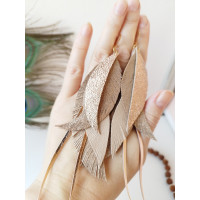 Rose gold beige long feathers earrings genuine leather jewelry 