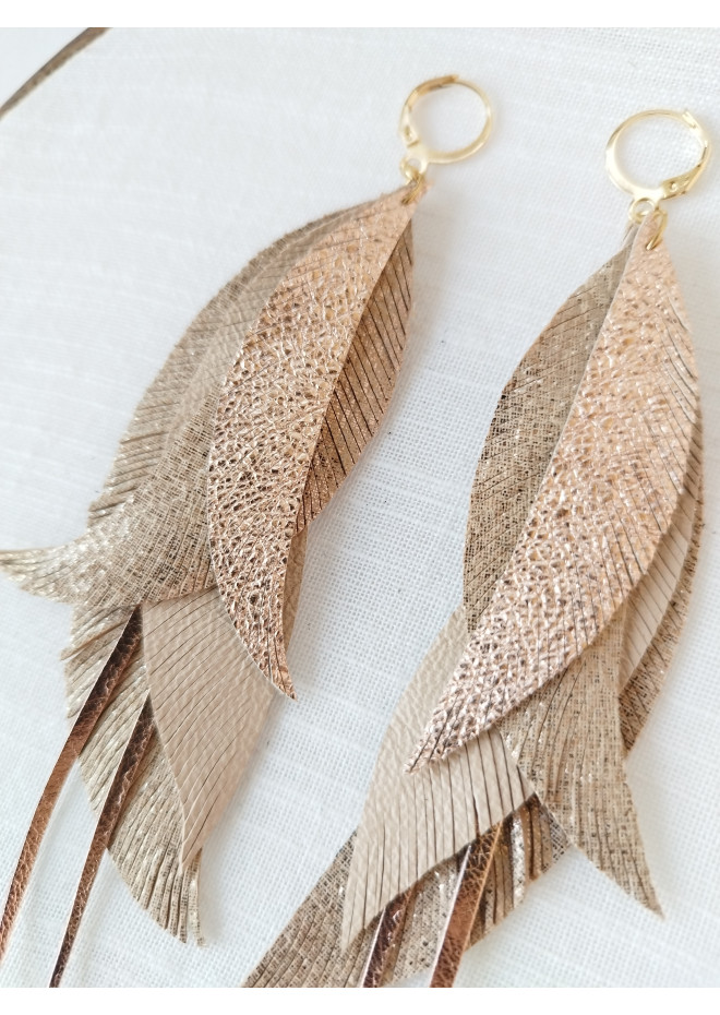 beige antique gold long feathers earrings genuine leather jewelry  