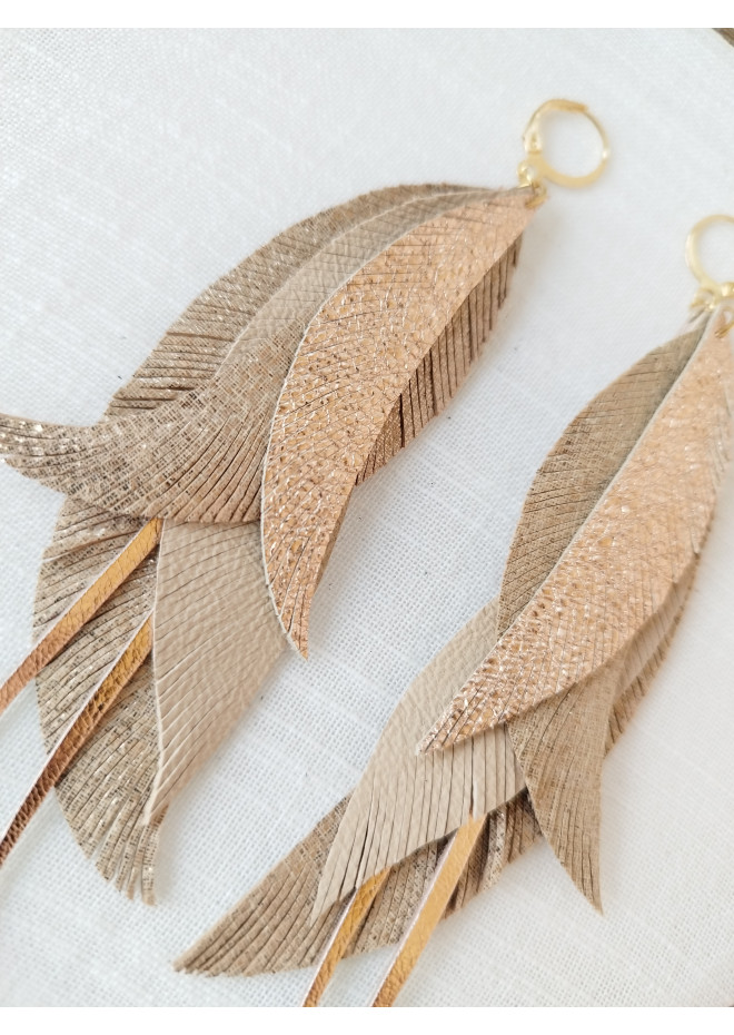 beige antique gold long feathers earrings genuine leather jewelry  